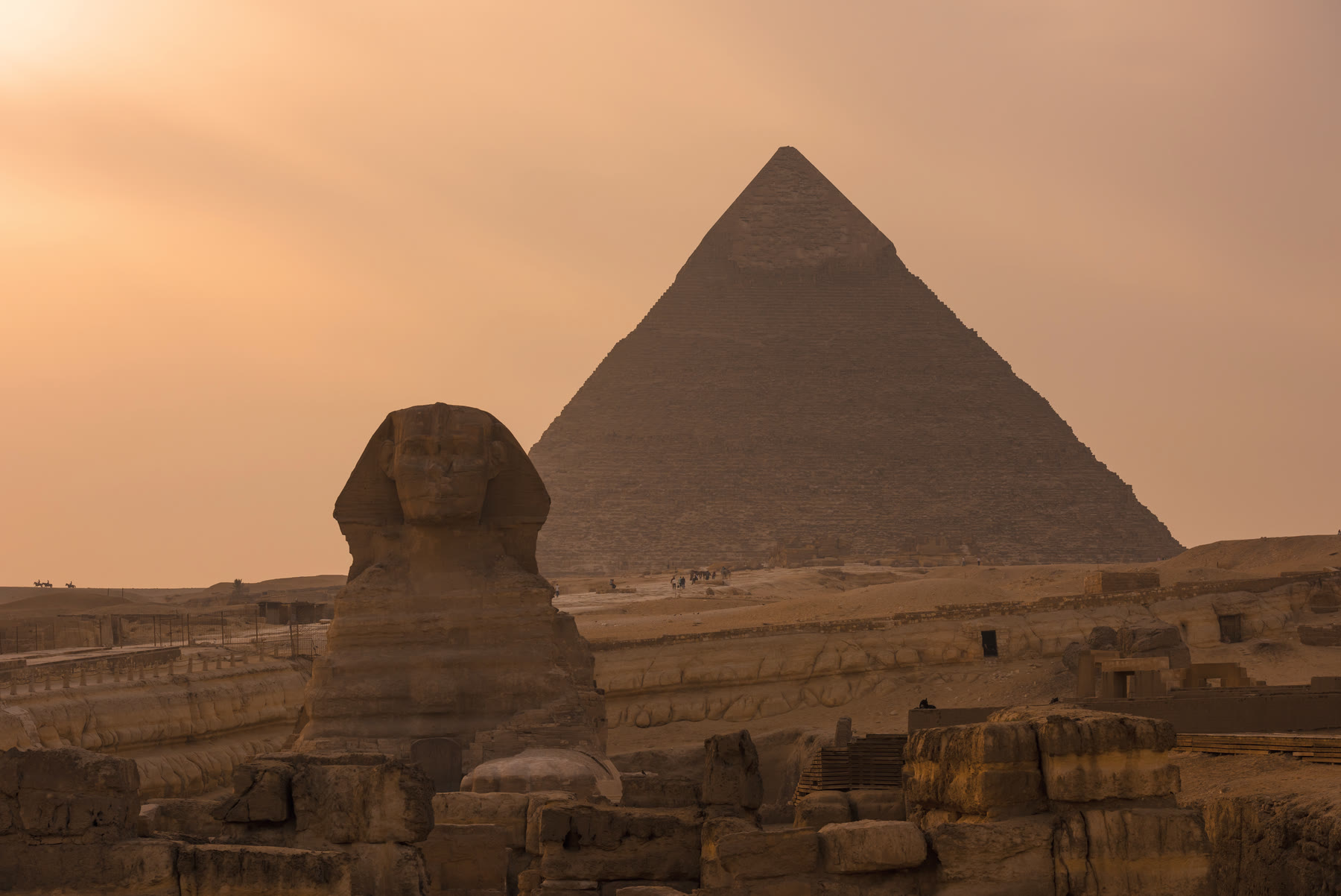 The Sphinx and the Great Pyramid at sunset